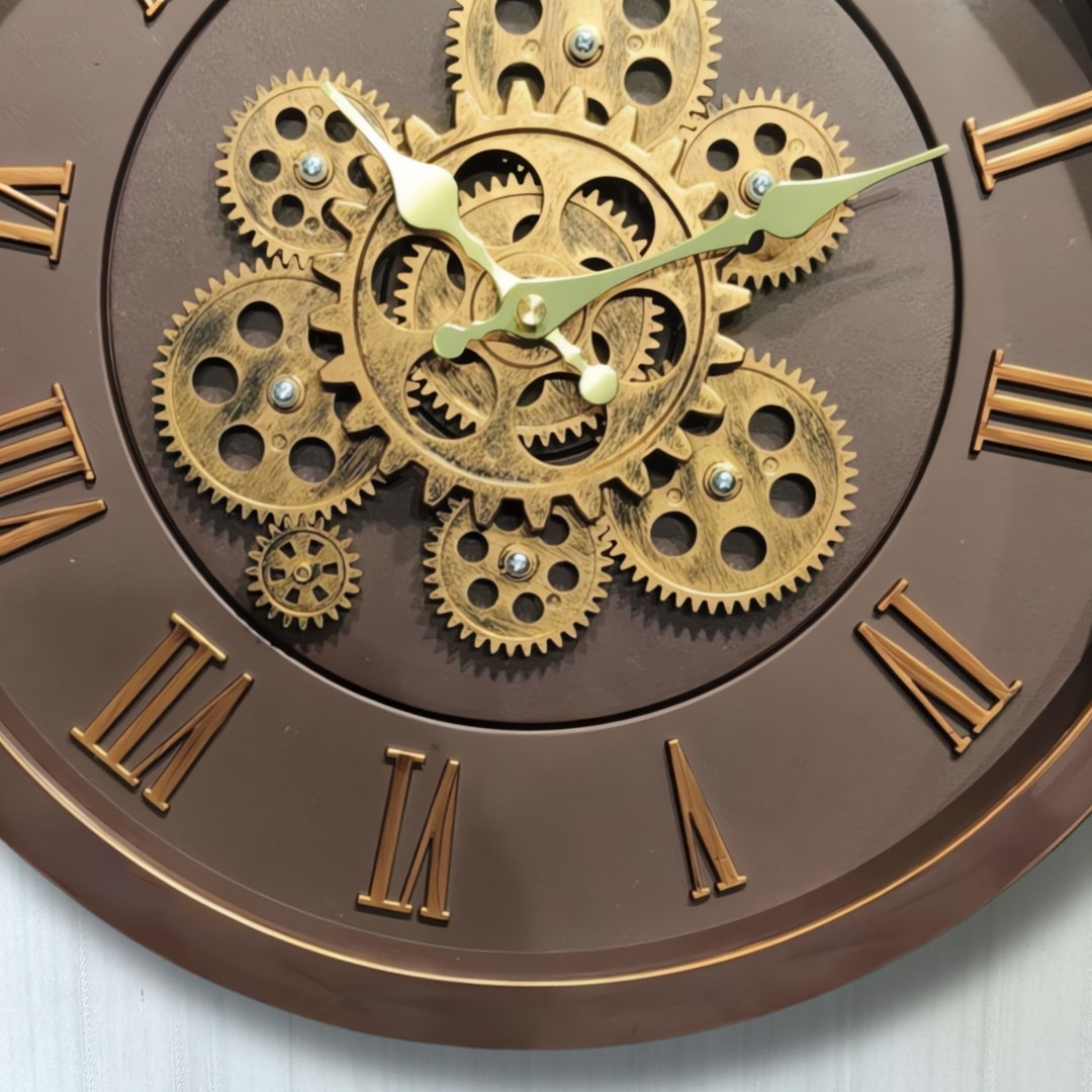 Brown & Gold Moving Gears Wall Clock