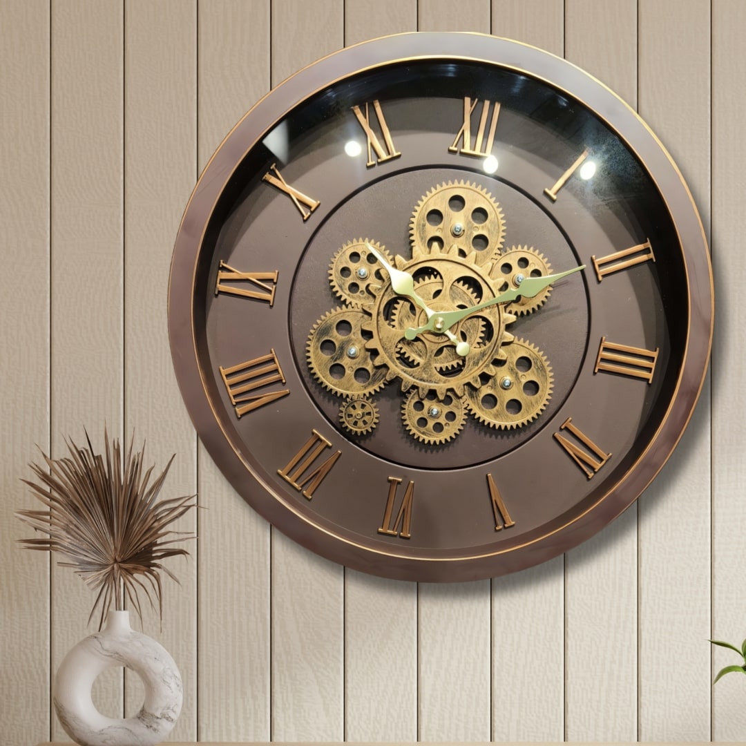 Brown & Gold Moving Gears Wall Clock