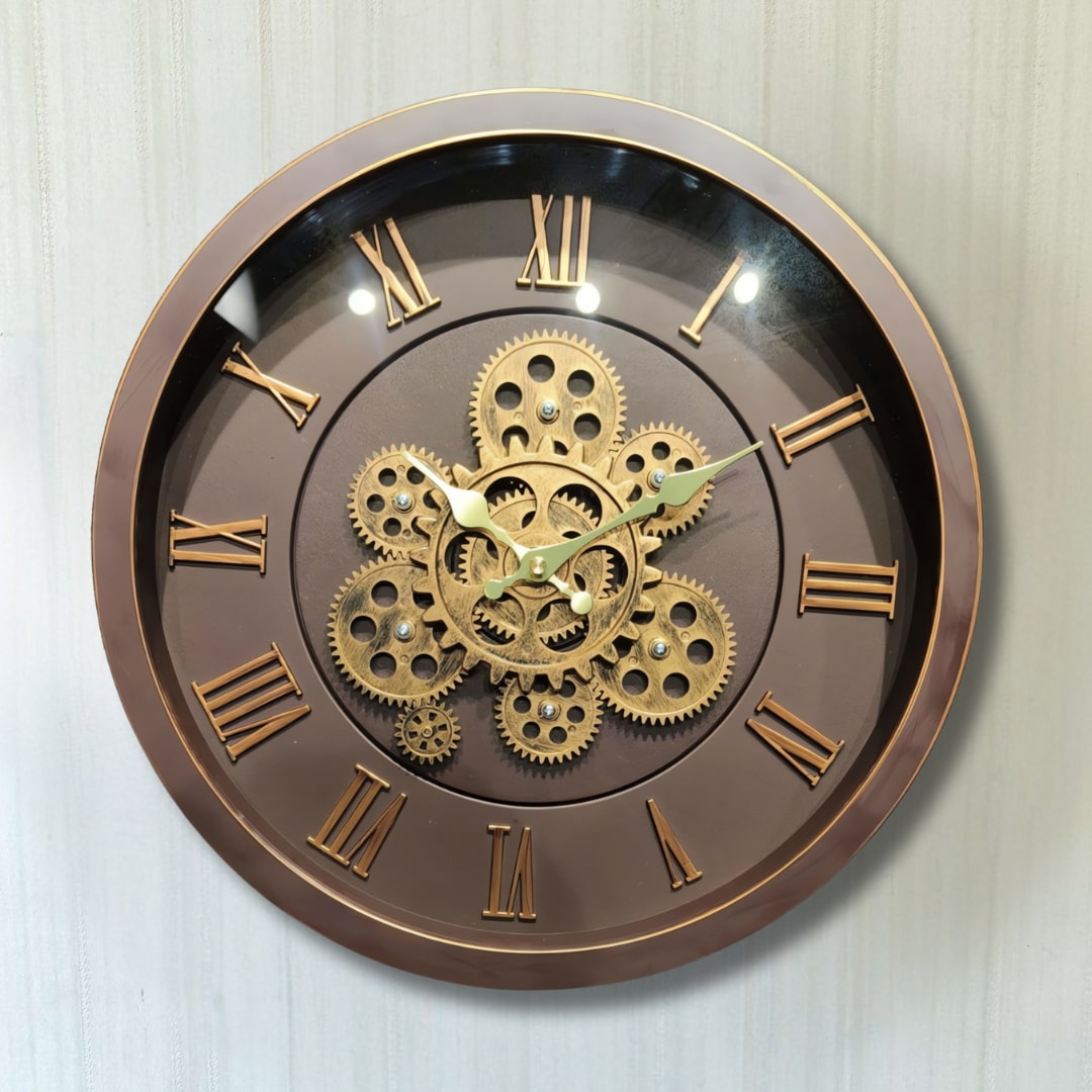 Brown & Gold Moving Gears Wall Clock