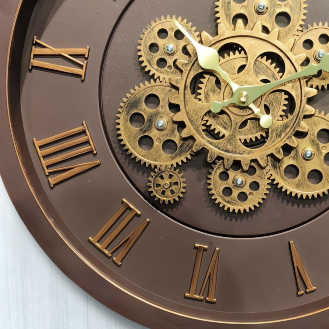 Brown & Gold Moving Gears Wall Clock