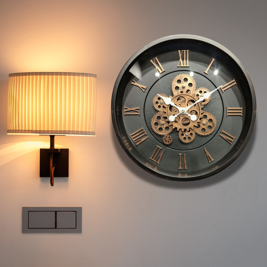 Black & Copper Moving Gears Wall Clock