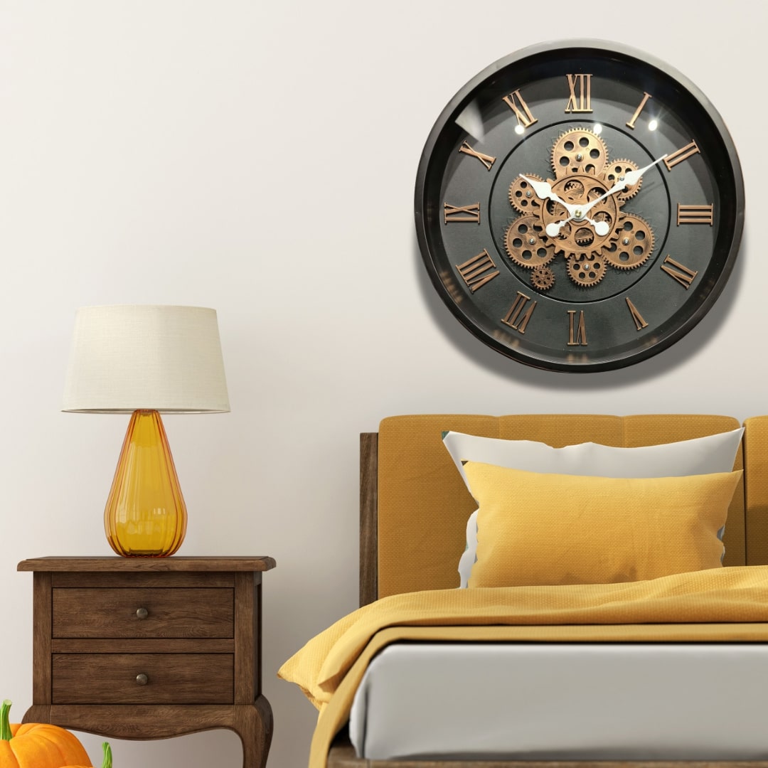 Black & Copper Moving Gears Wall Clock