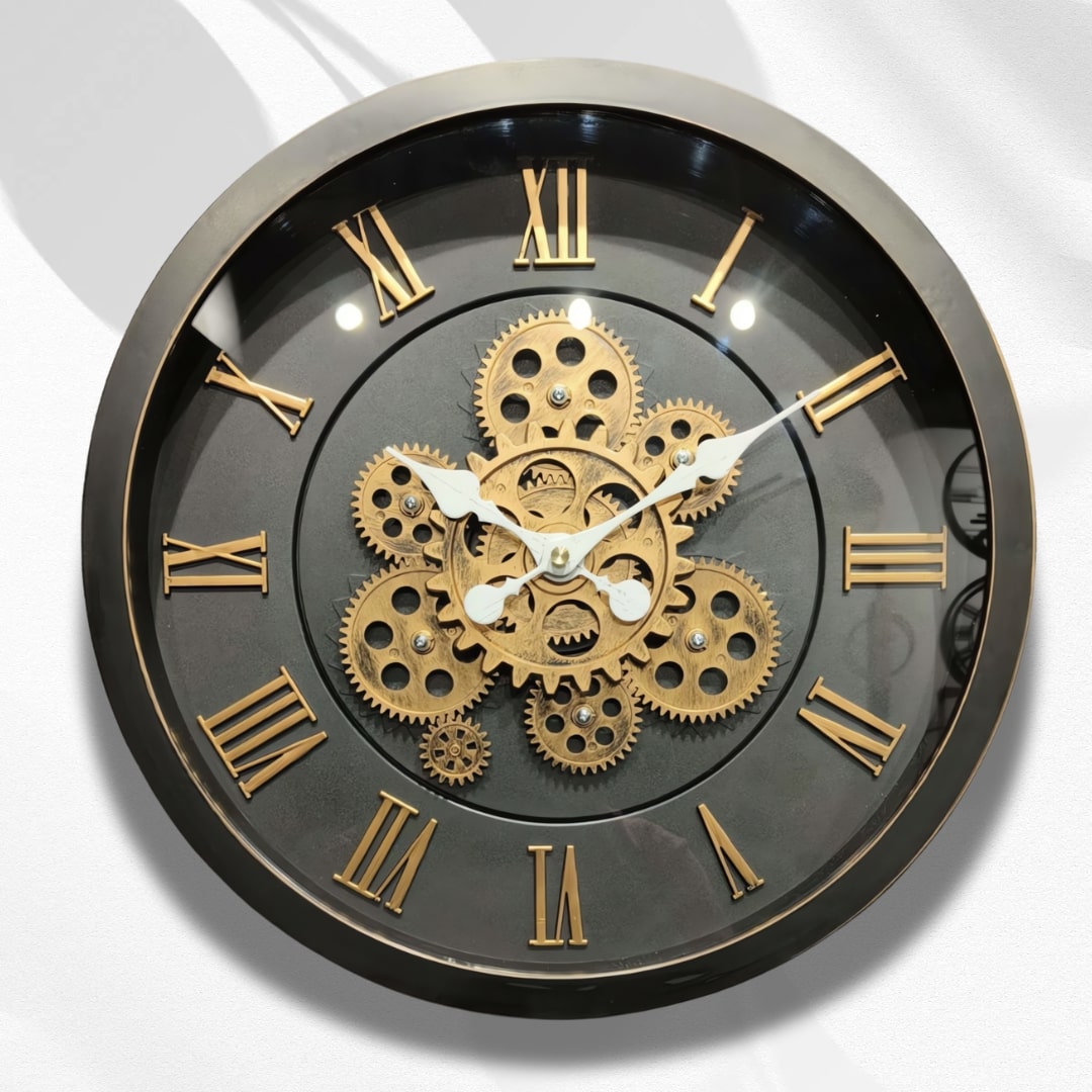 Black & Gold Moving Gears Wall Clock