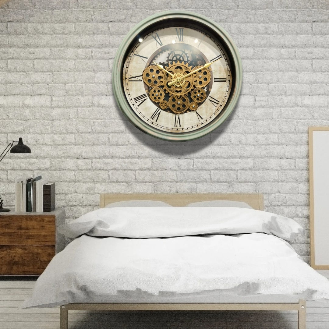 Green & Gold Moving Gears Wall Clock