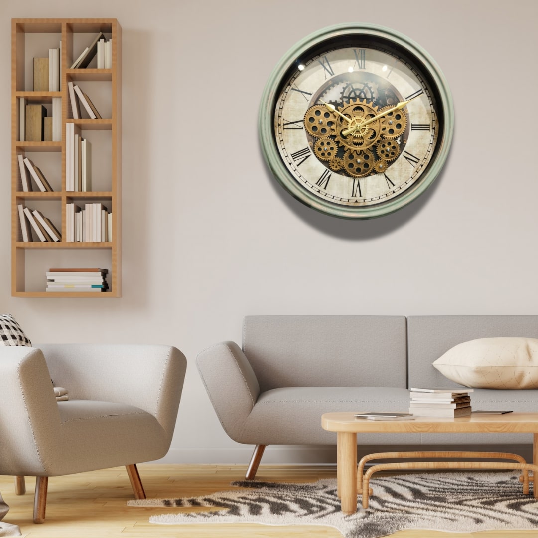 Green & Gold Moving Gears Wall Clock