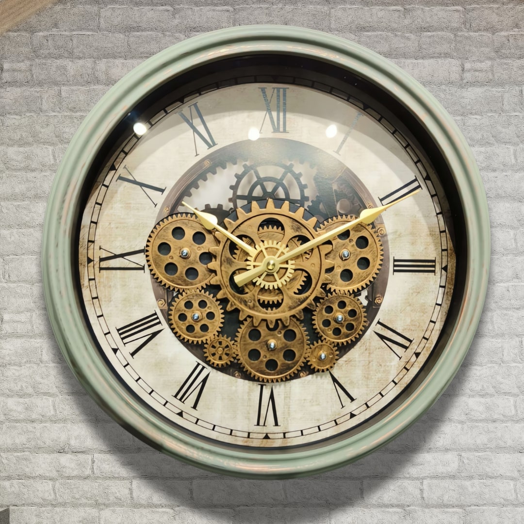 Green & Gold Moving Gears Wall Clock