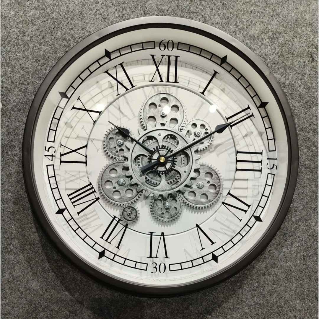 Black & White Moving Gears Wall Clock