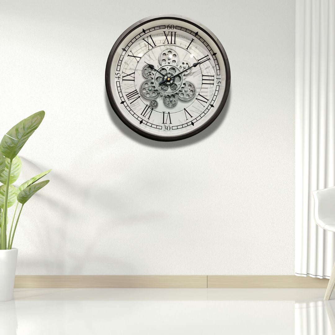 Black & White Moving Gears Wall Clock