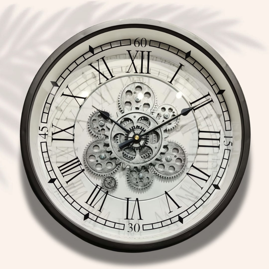 Black & White Moving Gears Wall Clock