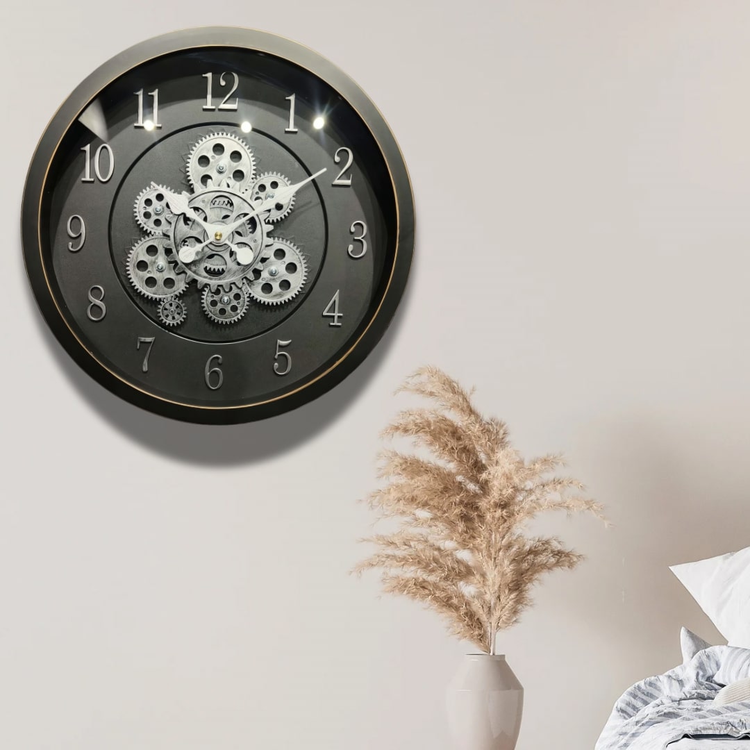 Black & Silver Moving Gears Wall Clock