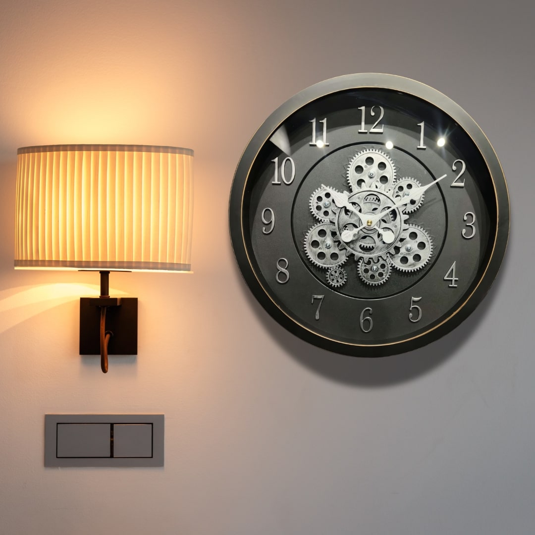 Black & Silver Moving Gears Wall Clock