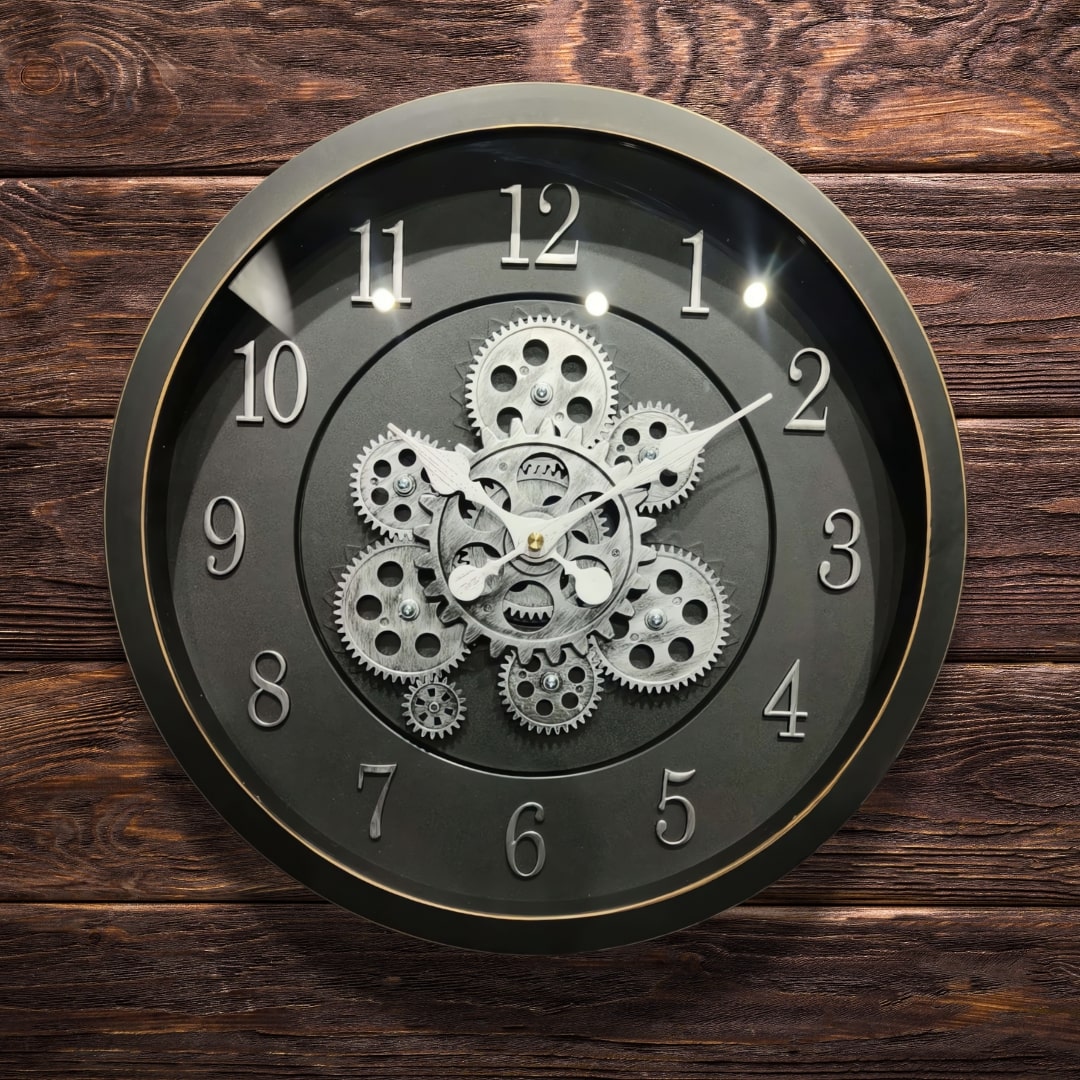 Black & Silver Moving Gears Wall Clock