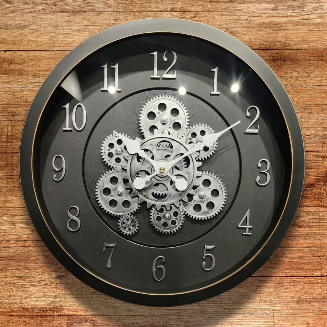 Black & Silver Moving Gears Wall Clock