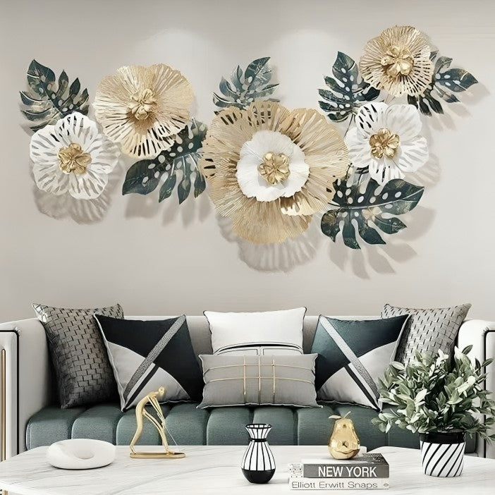 Leafy Floral Gold Green & White Wall Art