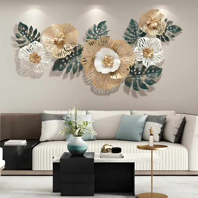 Leafy Floral Gold Green & White Wall Art