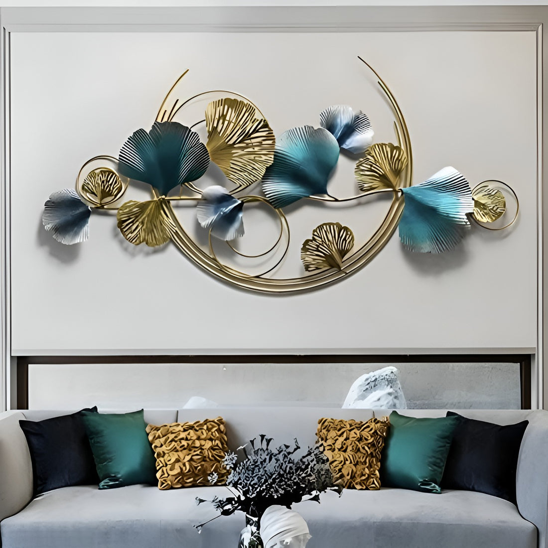 Gold & Blue Metal Leaf Wall Art