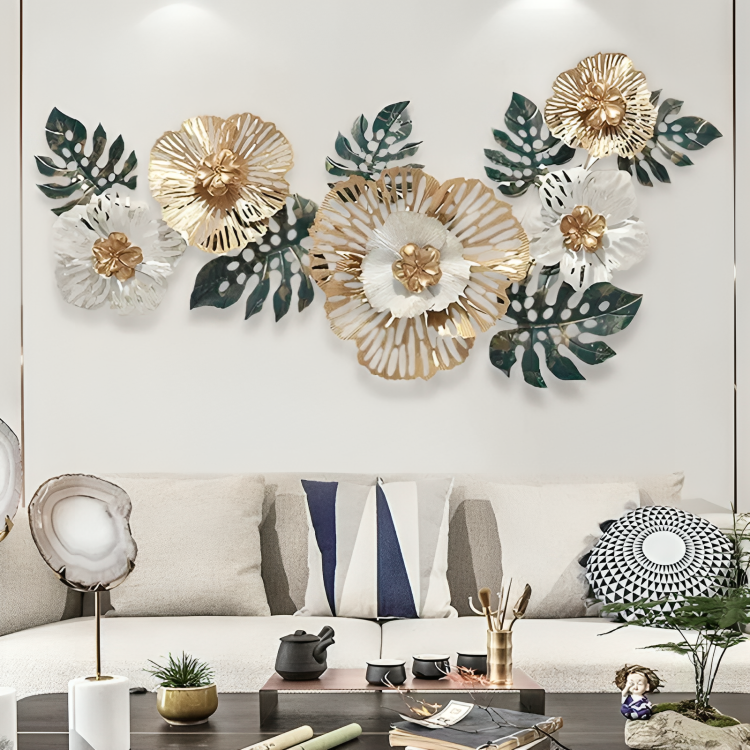 Leafy Floral Gold Green & White Wall Art