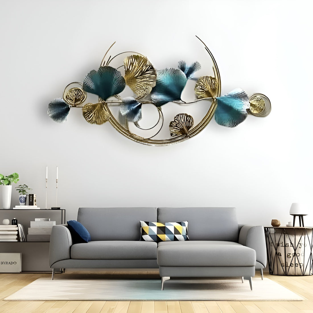 Gold & Blue Metal Leaf Wall Art